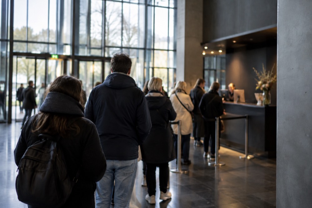 A museum entrance desk with a small queue of visitors waiting