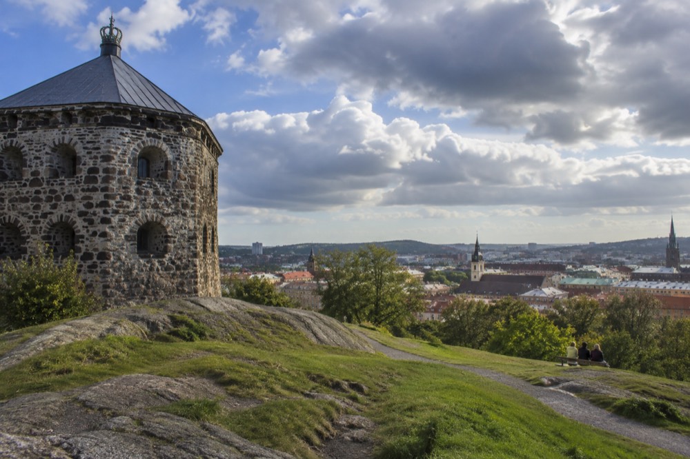 Panoramic view over Gothenburg rooftops and church towers from the hilltop