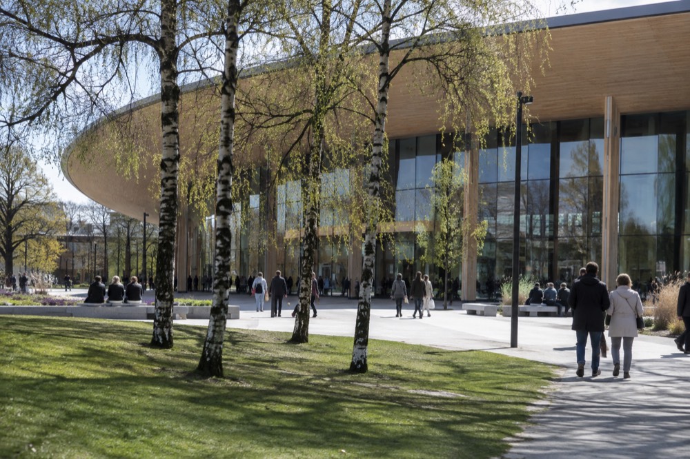 The wooden-clad World of Volvo building in Gothenburg on a bright day
