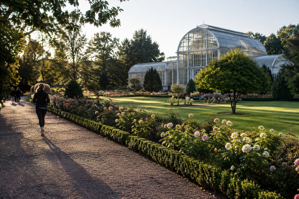 A tall glass palm house seen from a garden path, surrounded by green lawns and trees