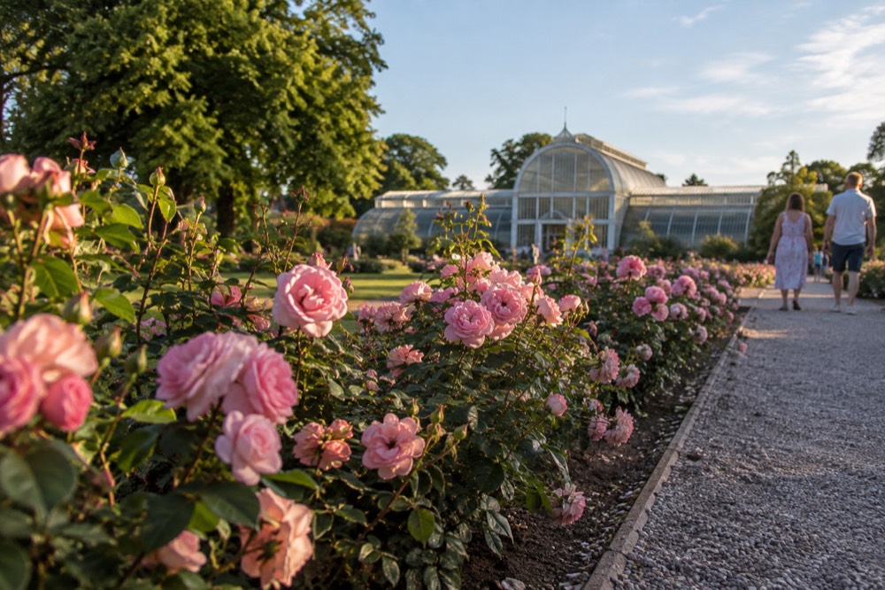 Rose bushes in full bloom along a garden path with park visitors strolling in summer