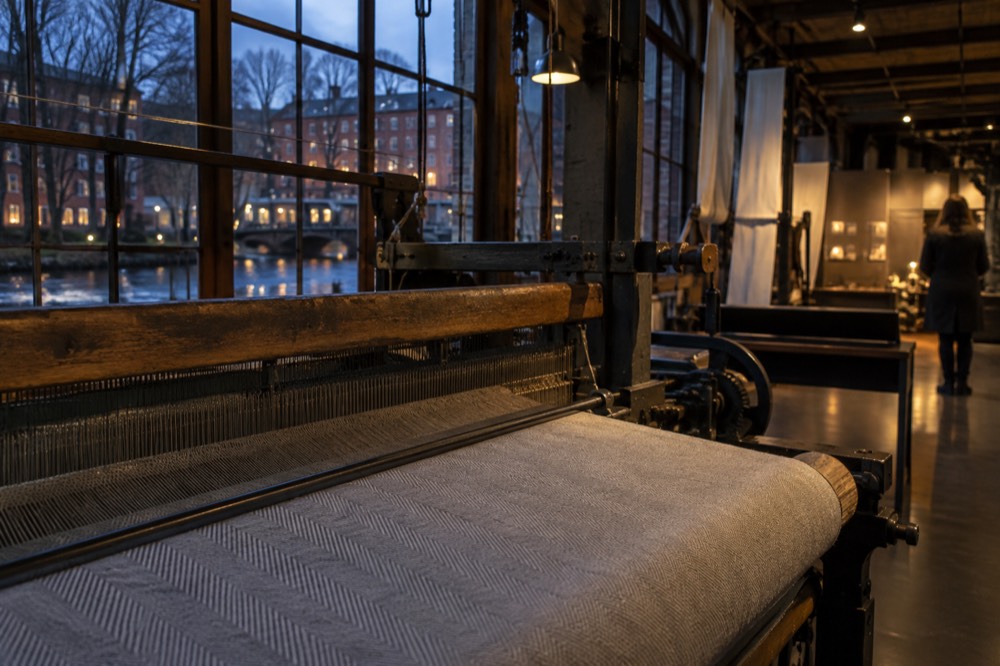 Textile machinery and fabric displays inside a Swedish museum gallery