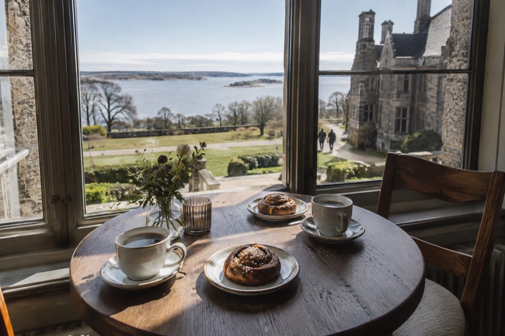 A cafe table set with coffee cups and cinnamon buns beside a window