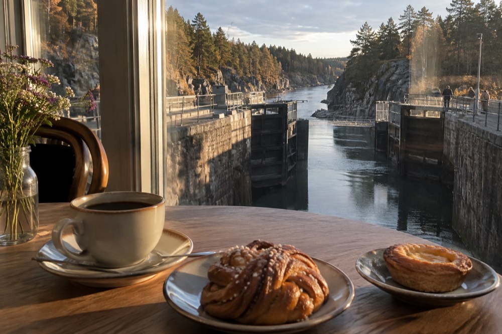 A Swedish cafe table by a window with coffee, pastries and a river view