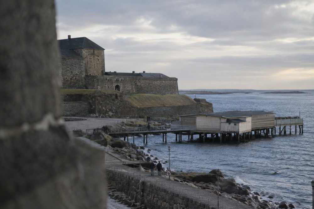 Varberg fortress on the Halland coast, with the sea behind it under a grey sky