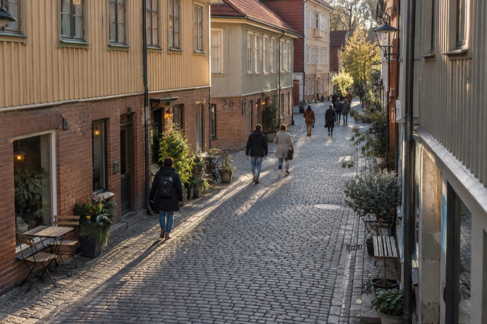 Cobbled street in Haga with painted wooden houses and small shops