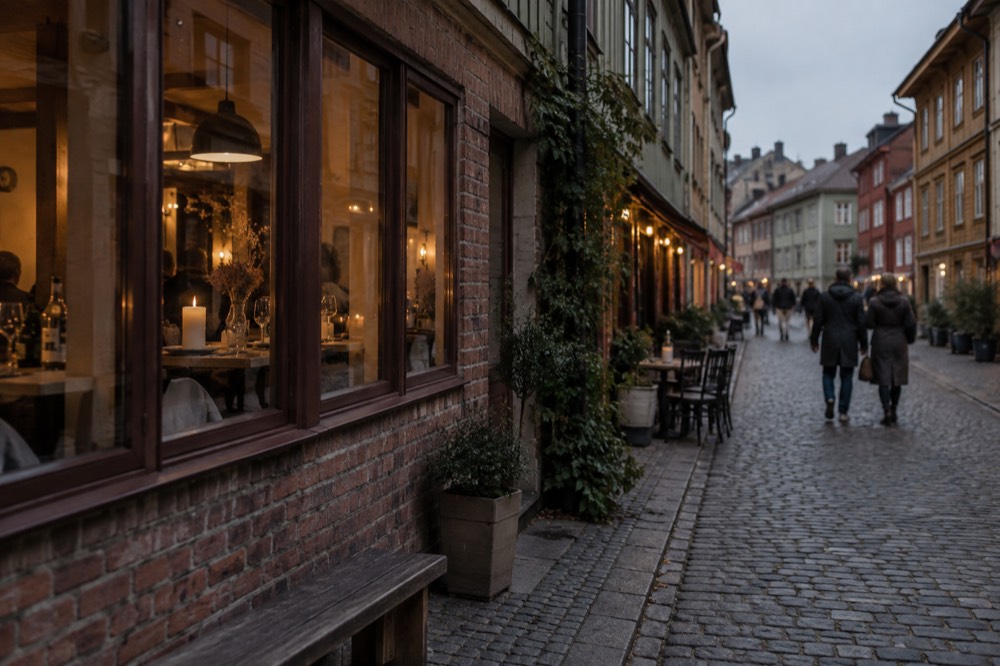 A candlelit restaurant interior on an evening street in the Haga district of Gothenburg