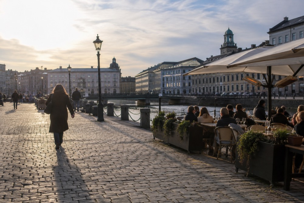 A long table of diners on an outdoor terrace in evening light beside a Gothenburg canal