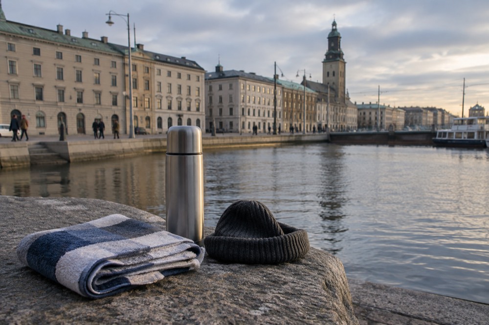 A folded towel, woollen hat and thermos arranged on a flat granite rock beside the sea