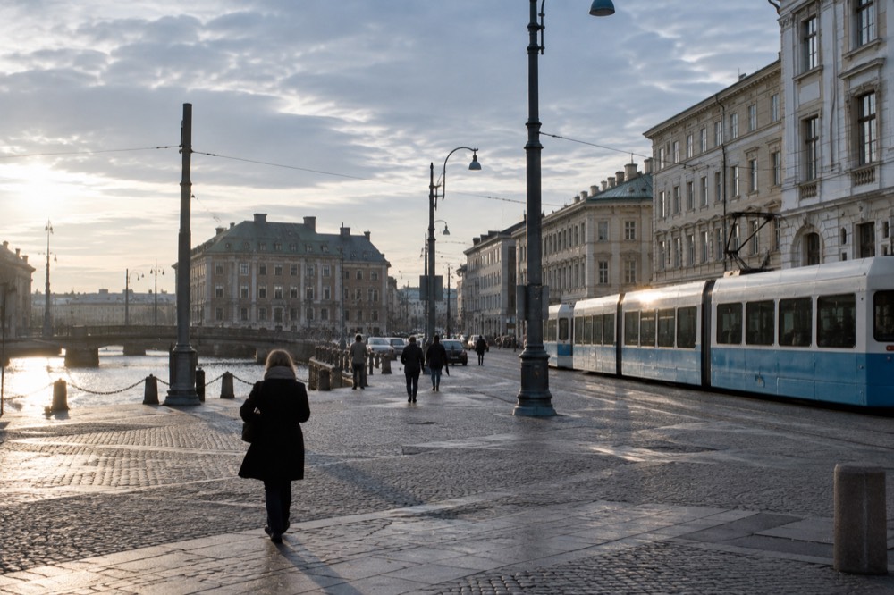 A tram moving along a street beside stone buildings in a Nordic city