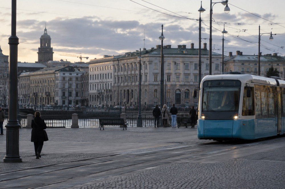 A train pulling into a Swedish regional station platform in evening light