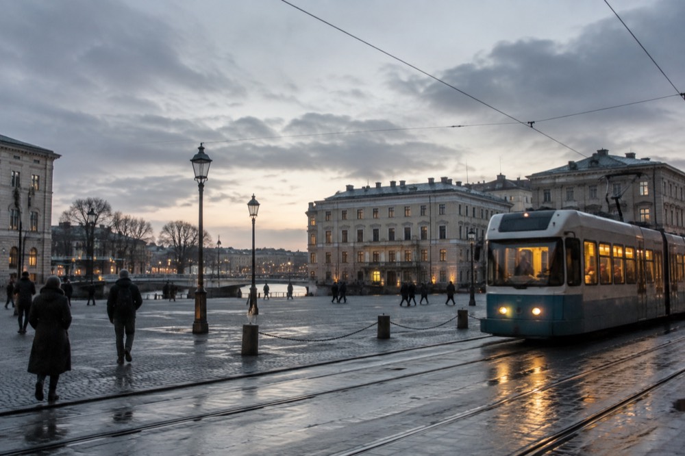 Lit tram moving through a dark Gothenburg street in winter, warm windows and reflections on wet pavement