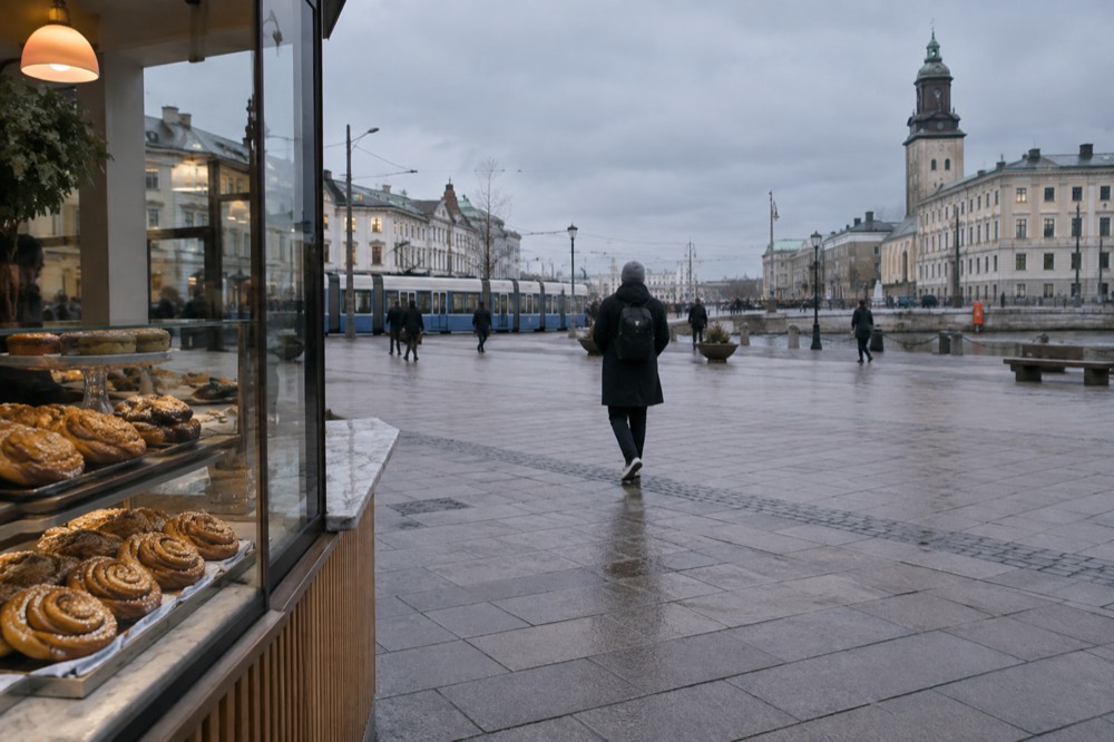 A cafe counter in Gothenburg with trays of cinnamon and cardamom buns under a glass top