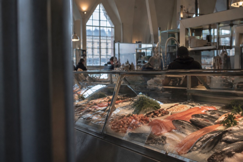 A fish counter display inside Feskekorka food hall in Gothenburg