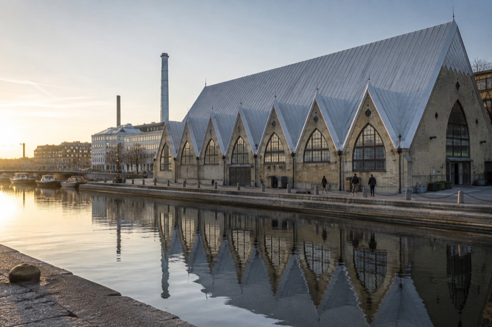 A long wooden market hall building with tall arched windows seen from a Gothenburg street