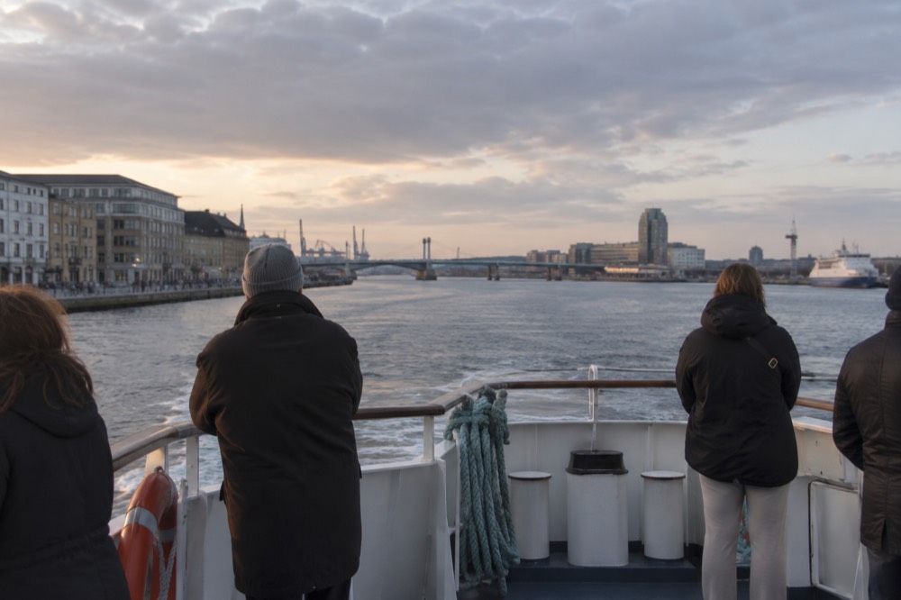 A ferry deck with view over the bow toward the Göta älv river