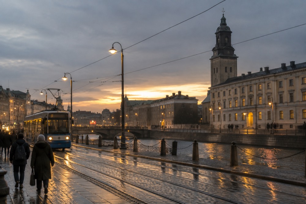 Wet tram tracks reflecting street lights in a Gothenburg street at dusk