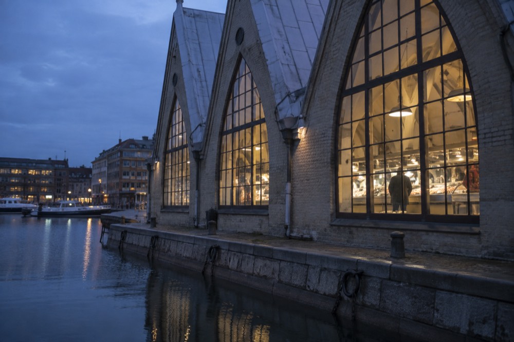 Fish counter and food hall stalls inside Feskekôrka in Gothenburg