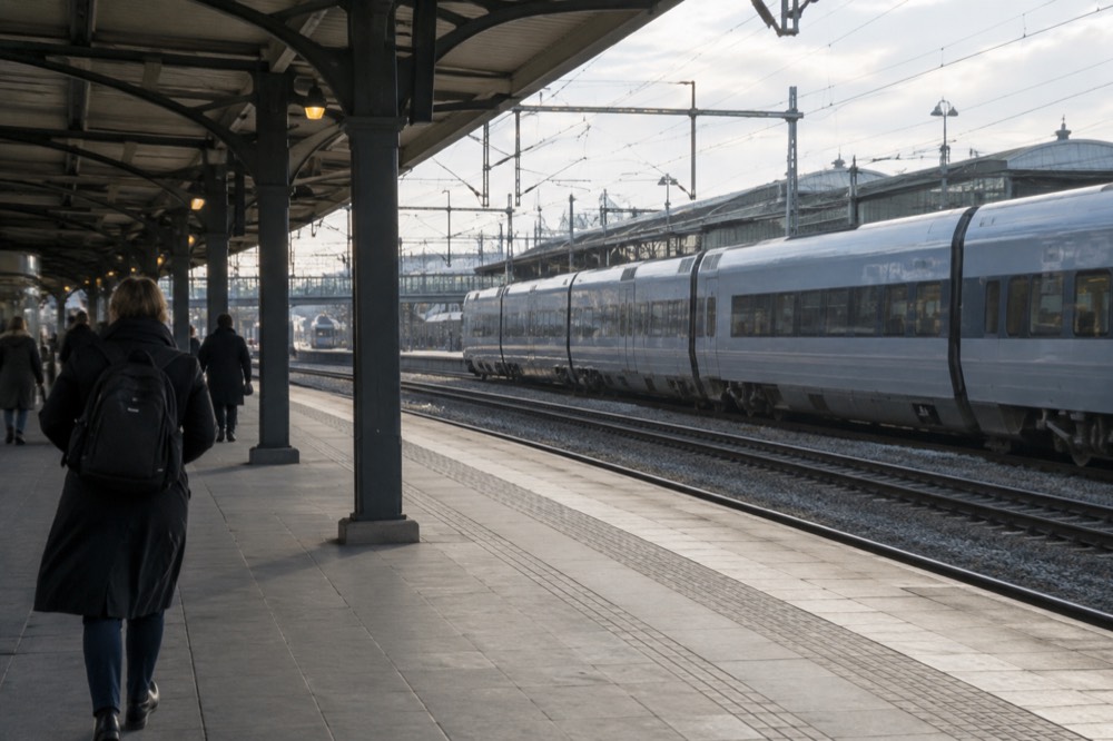 Railway platforms at Gothenburg Centralstation with a waiting train