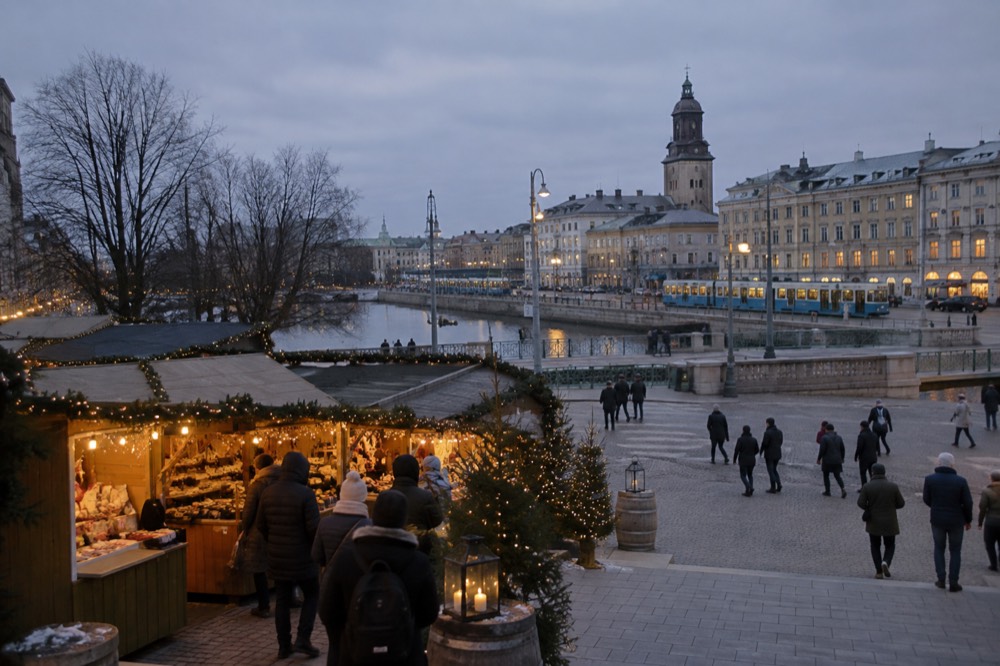 A Christmas market stall glowing with string lights against a dark Nordic winter evening in Gothenburg
