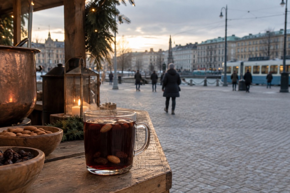 A cup of mulled glögg with raisins and almonds on a market stall counter
