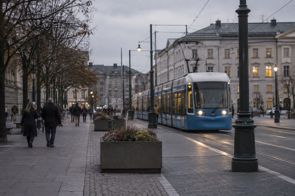 A tree-lined Gothenburg street of stone apartment buildings with a tram line running down the middle in evening light