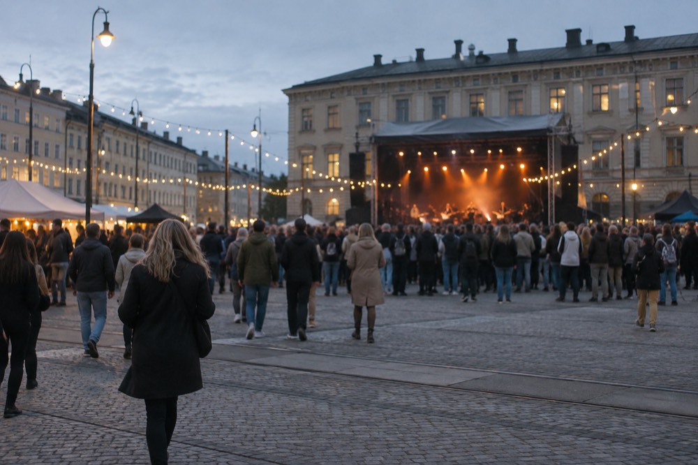 A festival crowd at dusk in front of a lit stage, string lights above the street and a stone building behind