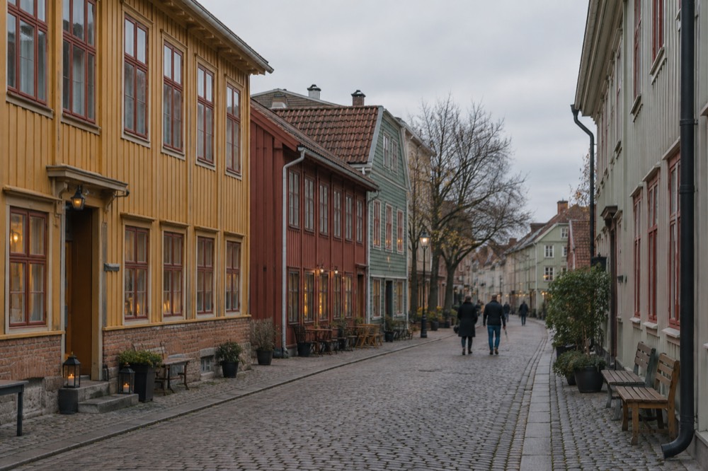 Painted wooden houses on a cobbled street in Haga, Gothenburg