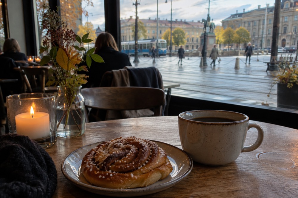 A candlelit café interior with cinnamon buns and coffee in Gothenburg