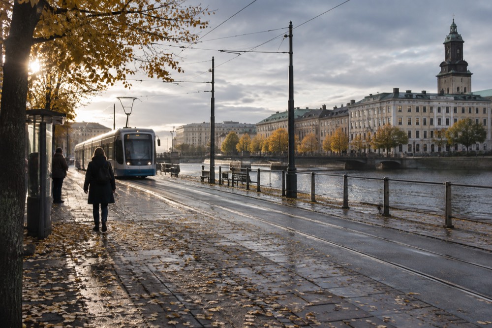 Autumn leaves along a Gothenburg tram line with a tram approaching
