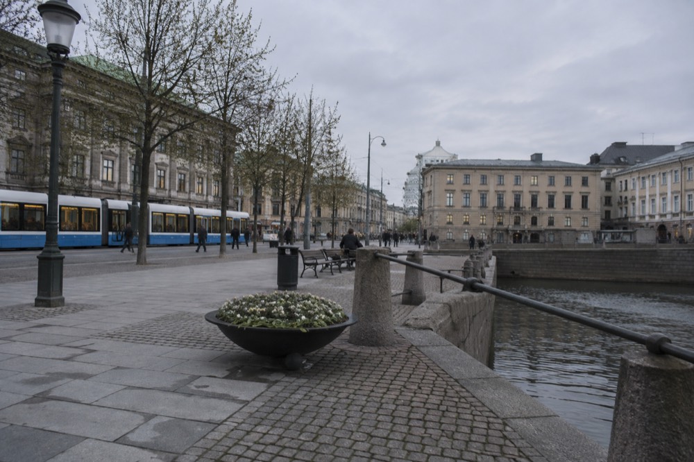 A tram passing budding trees on a Gothenburg street in early spring