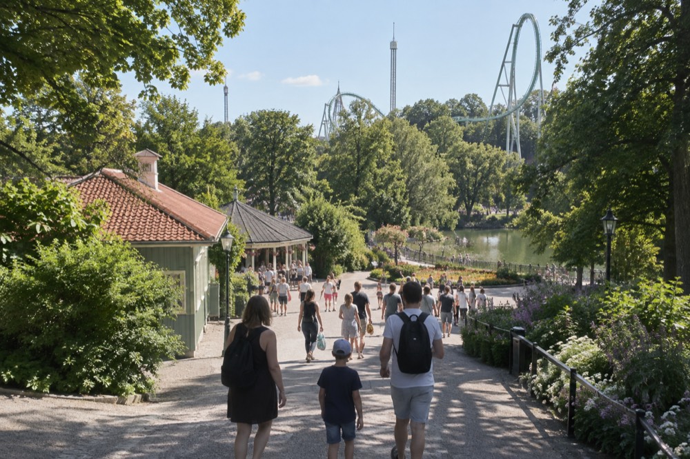 Families walking between Liseberg's ride towers and flower beds on a sunny afternoon