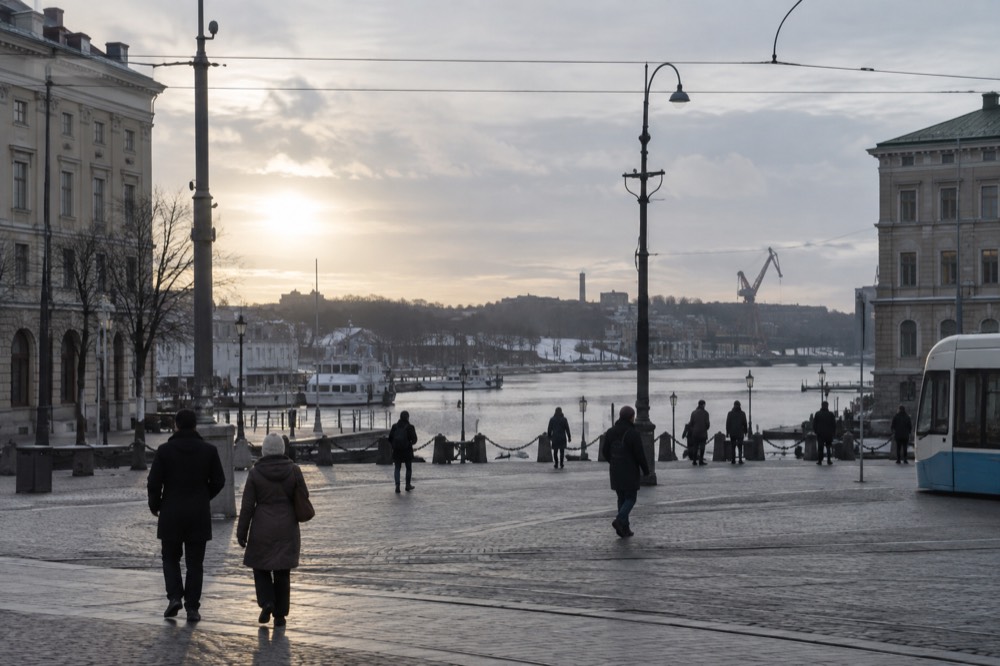 Gothenburg rooftops under low winter light with the Göta älv in the background
