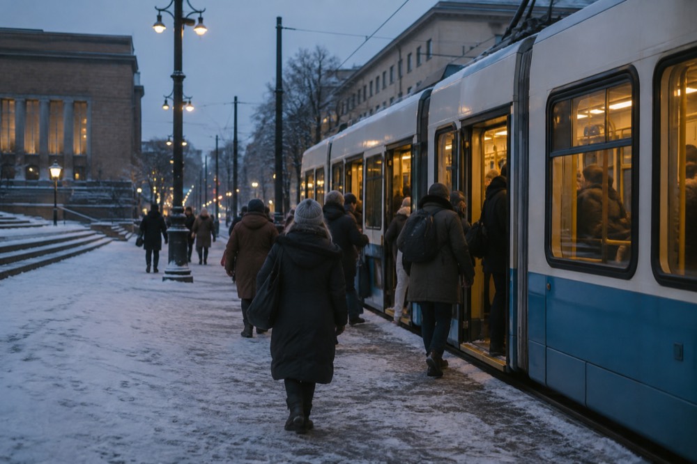 A Gothenburg tram in the snow on Avenyn with passengers boarding