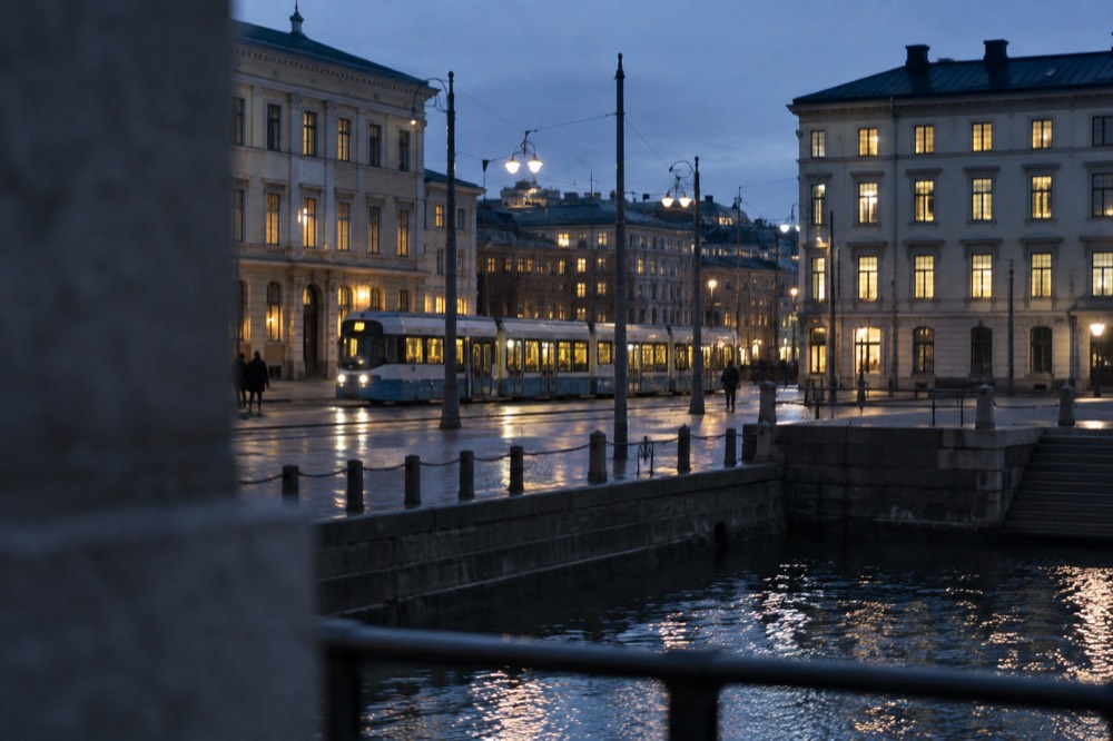 A night tram moving along an empty Gothenburg street with lit windows behind