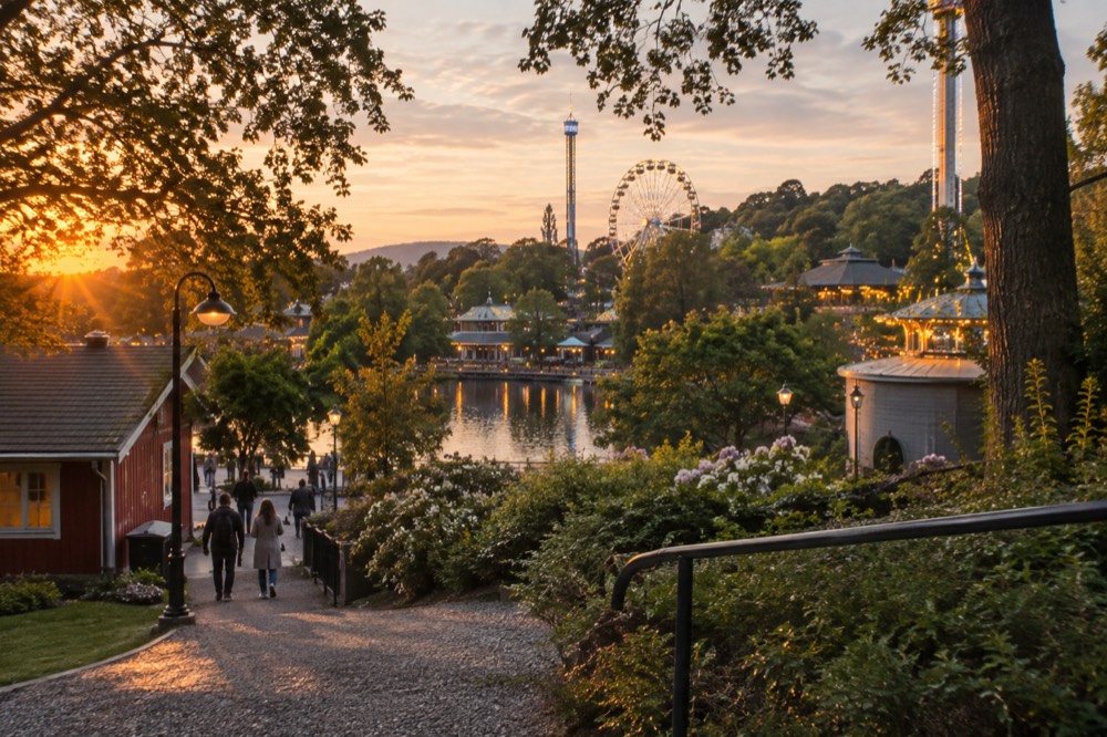 Ferris wheel and illuminated rides at Liseberg amusement park in Gothenburg