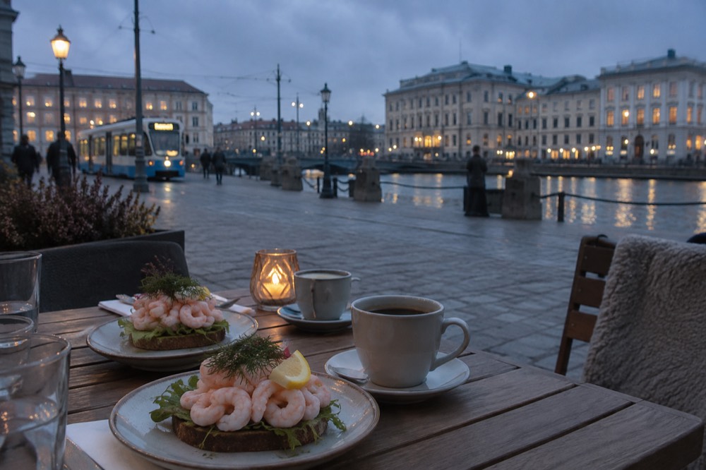 Shrimp sandwiches and coffee served on a wooden table in a Gothenburg cafe