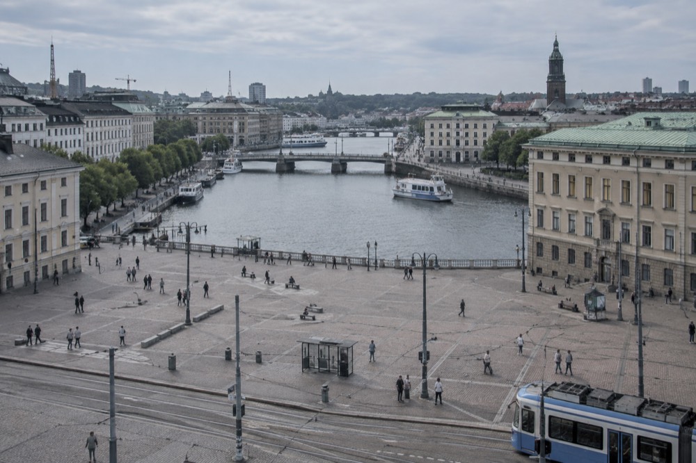 Gothenburg canal and old stone buildings under a grey west-coast sky