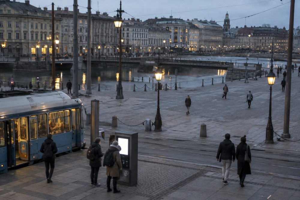 Travellers reading a tram ticket machine screen on a Gothenburg street