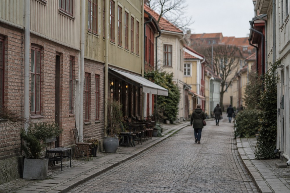 Wooden houses in Haga old quarter with a cobbled street