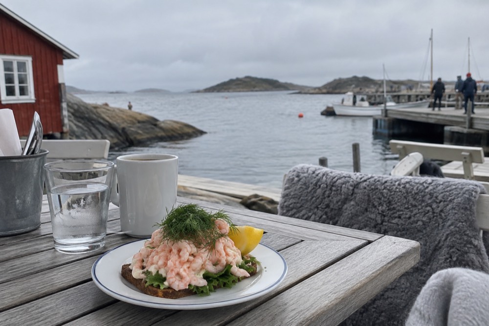 A shrimp sandwich with dill and lemon on a café table on an island in the Gothenburg archipelago