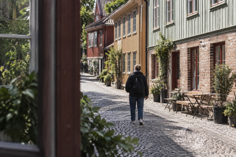 A single traveller walking a cobbled lane in the Haga district past wooden houses