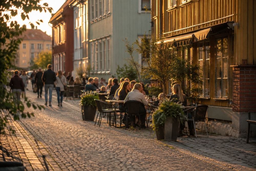 Players and families eating at outdoor tables outside a wooden building in the Haga district