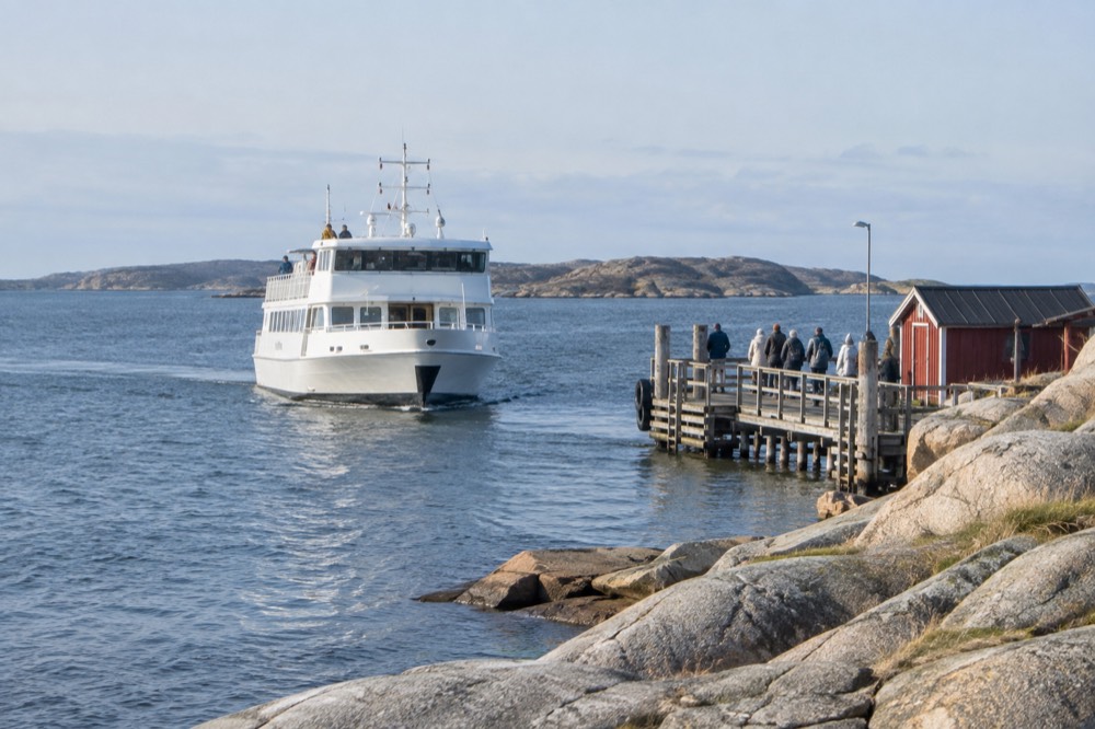A white passenger ferry approaching a wooden jetty on a small rocky island in the Gothenburg archipelago