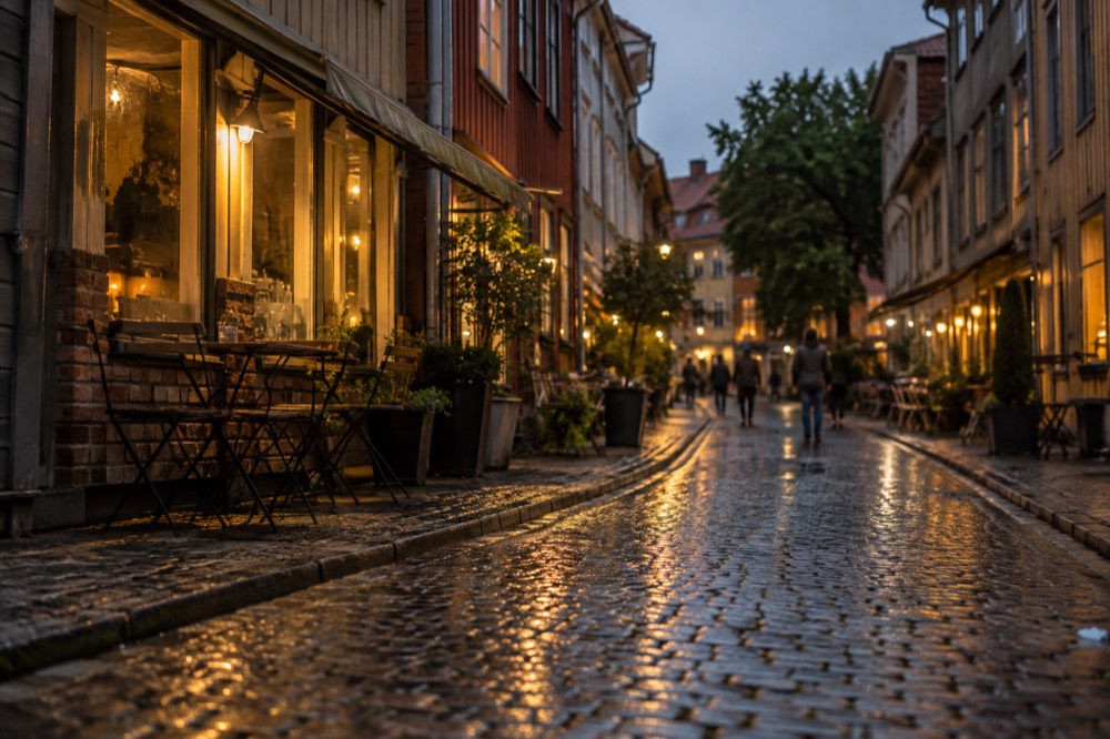 Wet cobblestone street in Haga lit by shop windows on a dark evening