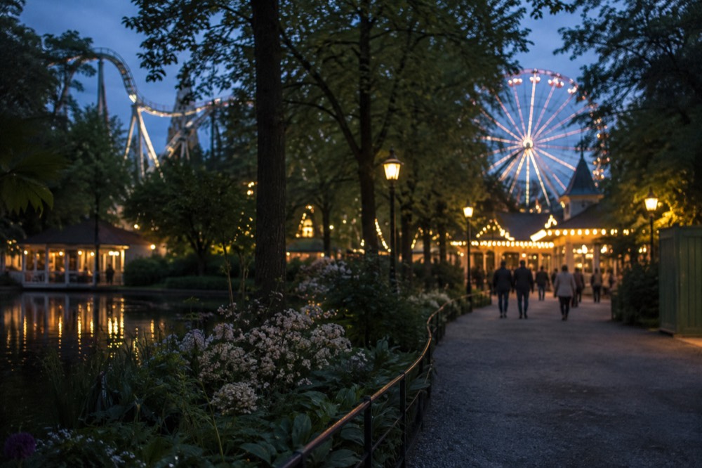 A ferris wheel and park entrance lit up at dusk