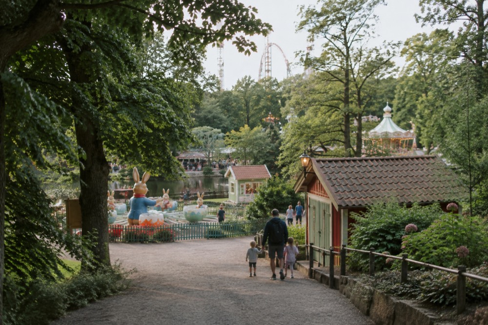 Children's themed ride area with colourful rabbit sculptures