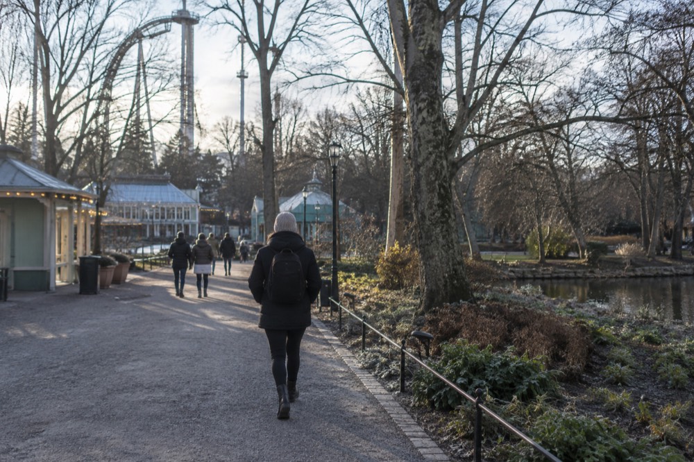 Riders on a Liseberg roller coaster cresting a hill above the park's green trees