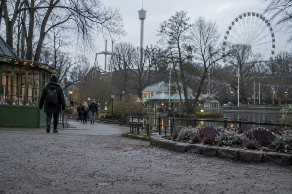 Flower beds and a ferris wheel inside Liseberg park on a bright summer evening