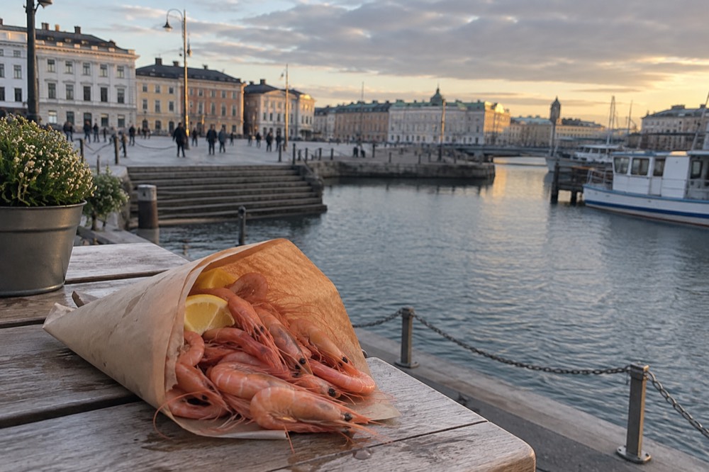 Freshly cooked shrimp piled in a paper cone on a wooden table beside a harbour view